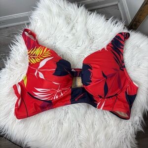 Swim by Cacique Red Tropical Print Plunge Bikini Top 42C